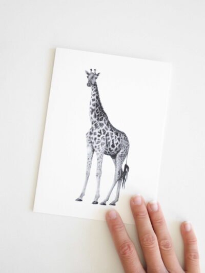 This giraffe greeting card is made from Kelowna-based artist Jennifer Delaney. Its minimalistic style makes it good for an occasion including birthdays, holidays, Christmas, and weddings! It features art made with pen and marker.