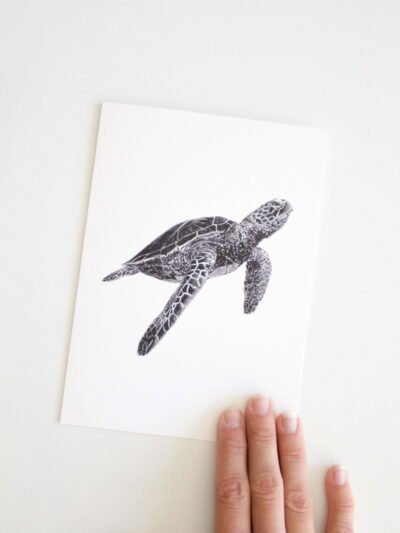 This turtle greeting card is made from Kelowna-based artist Jennifer Delaney. Its minimalistic style makes it good for an occasion including birthdays, holidays, Christmas, and weddings! It features art made with pen and marker.