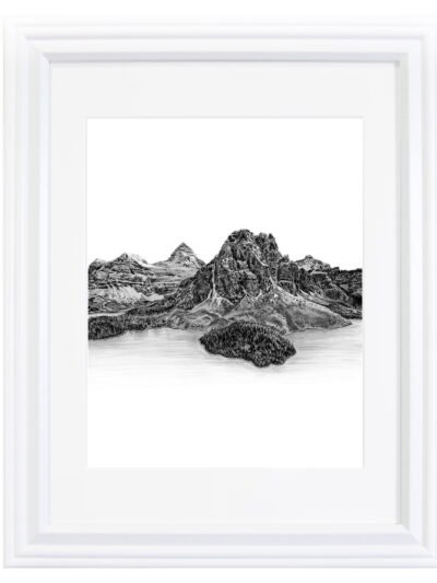 Black and white Mount Assiniboine art print by Canadian artist Jennifer Delaney. Based in the Okanagan in Kelowna, BC.