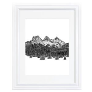 Black and white Three Sisters art print by Canadian artist Jennifer Delaney. Based in the Okanagan in Kelowna, BC.