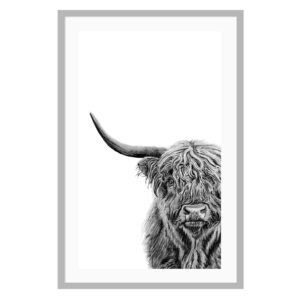 This cropped highland cow poster was created by Canadian artist Jennifer Delaney. She is based in Kelowna, BC. The black and white minimalist style is sure to look great in any home, and any room!