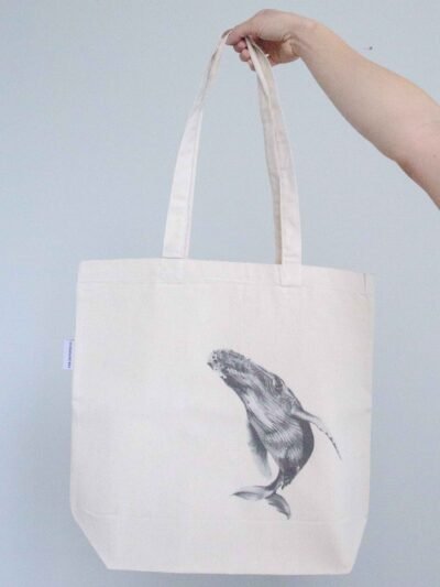 Humpback tote bag featuring an ink sketch by Kelowna based artist Jennifer Delaney. Handmade, minimalistic, and ethical.