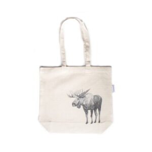 Moose tote bag featuring an ink sketch by Kelowna based artist Jennifer Delaney. Handmade, minimalistic, and ethical.