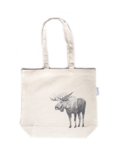 Moose tote bag featuring an ink sketch by Kelowna based artist Jennifer Delaney. Handmade, minimalistic, and ethical.