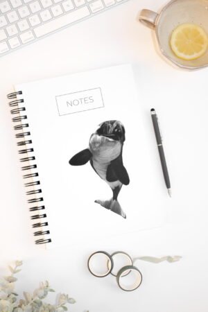 Minimalistic orca notebook. Hardcover. Featuring art by Okanagan artist Jennifer Delaney. Pen and marker ink sketch. Based in Kelowna, BC.