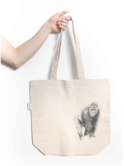 Gorilla tote bag featuring an ink sketch by Kelowna based artist Jennifer Delaney. Handmade, minimalistic, and ethical.