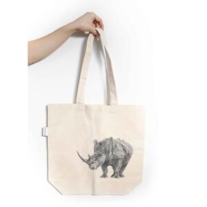 Rhino tote bag featuring an ink sketch by Kelowna based artist Jennifer Delaney. Handmade, minimalistic, and ethical.