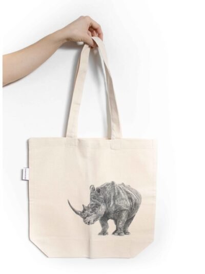 Rhino tote bag featuring an ink sketch by Kelowna based artist Jennifer Delaney. Handmade, minimalistic, and ethical.