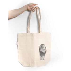 Lion tote bag featuring an ink sketch by Kelowna based artist Jennifer Delaney. Handmade, minimalistic, and ethical.