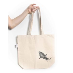 Shark tote bag featuring an ink sketch by Kelowna based artist Jennifer Delaney. Handmade, minimalistic, and ethical.