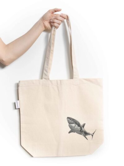 Shark tote bag featuring an ink sketch by Kelowna based artist Jennifer Delaney. Handmade, minimalistic, and ethical.