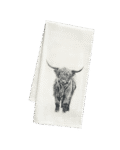 Highland Cow Tea Towel. Featuring a hand drawn sketch by Canadian artist Jennifer Delaney. Canadian company. Flour Sack Cotton