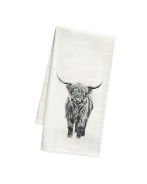 Highland Cow Tea Towel. Featuring a hand drawn sketch by Canadian artist Jennifer Delaney. Canadian company. Flour Sack Cotton