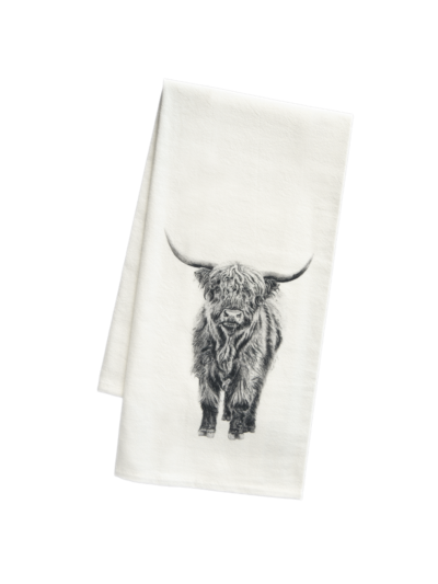 Highland Cow Tea Towel. Featuring a hand drawn sketch by Canadian artist Jennifer Delaney. Canadian company. Flour Sack Cotton